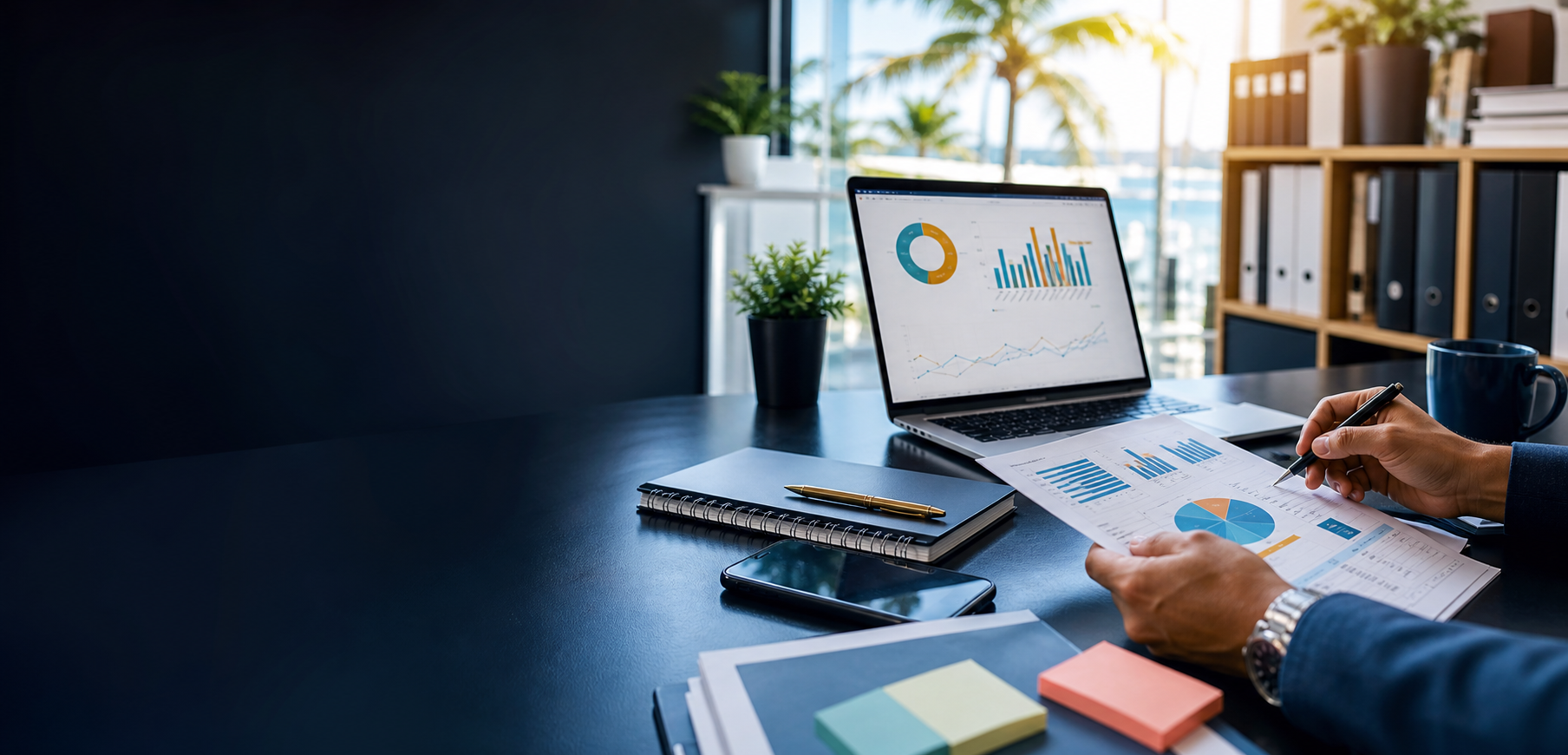 Business planning workspace with documents, laptop, and marketing dashboard